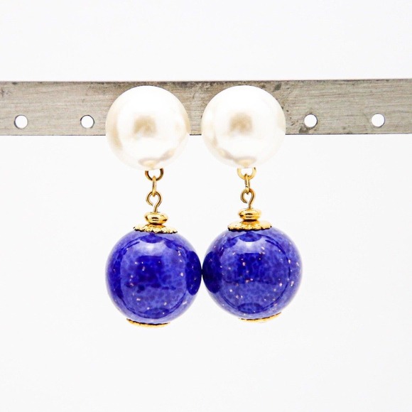 Lapis Jewelry - Vintage Faux Lapis Lazuli And Pearl Earrings Large Statement Drop & Dangle 1.75”